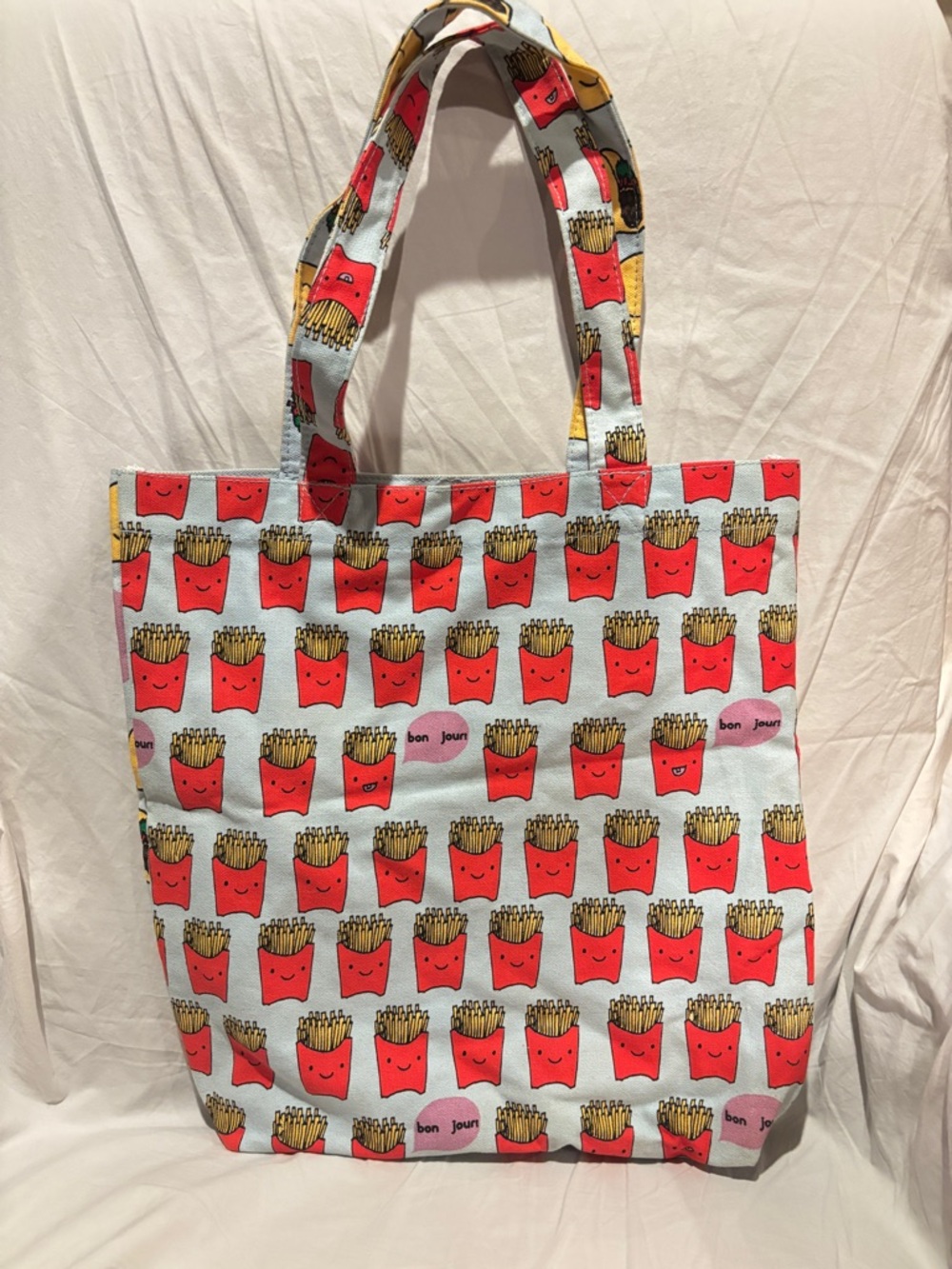 Kawaii French Fries & Taco Canvas Tote Bag “Bonjour/Hola” Cute Food Print